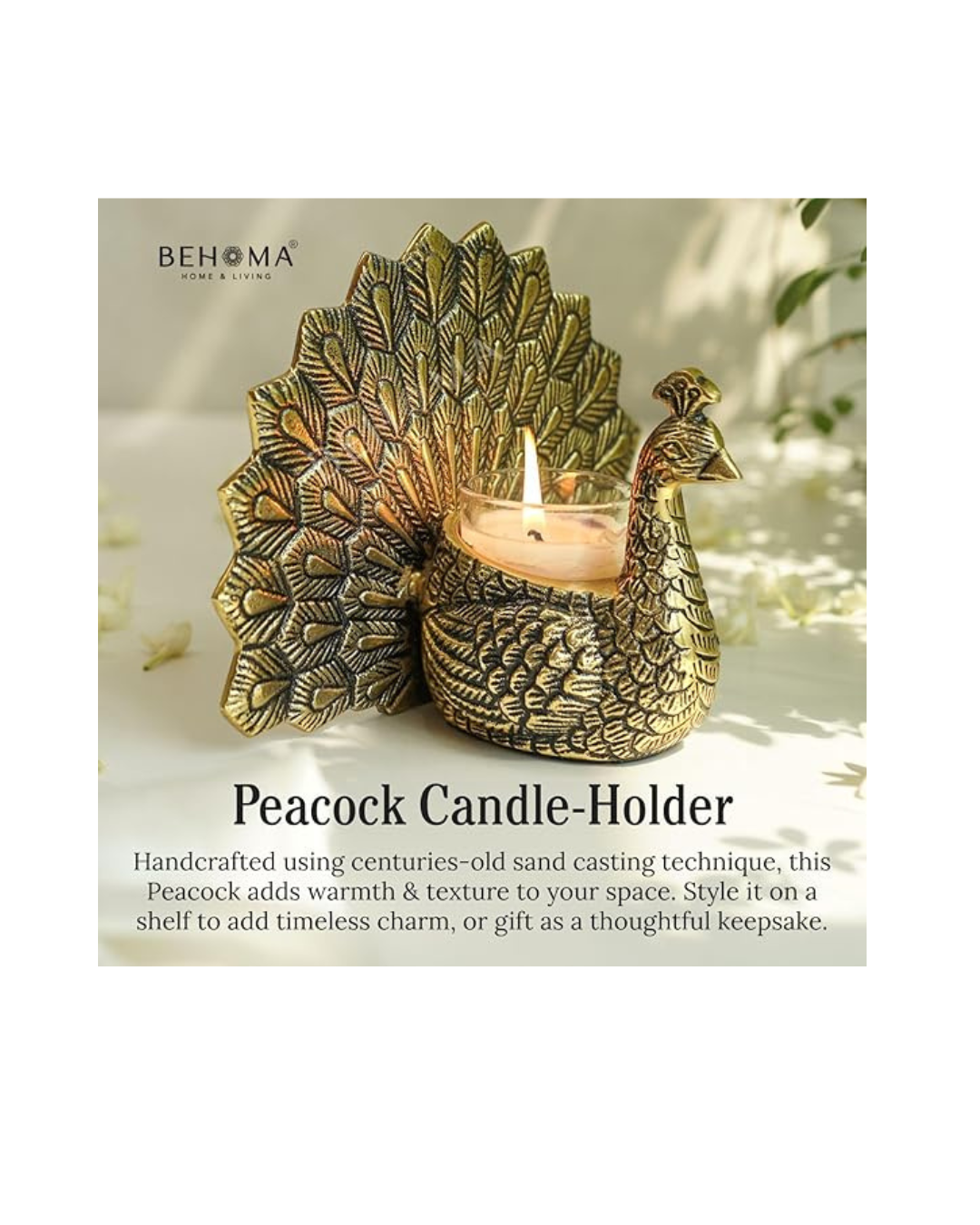 BEHOMA Metal Dancing Peacock Figurine Candle Holder with Scented Glass Votive Candle – a symbol of good luck, love, and elegance for your home décor. - Image 3