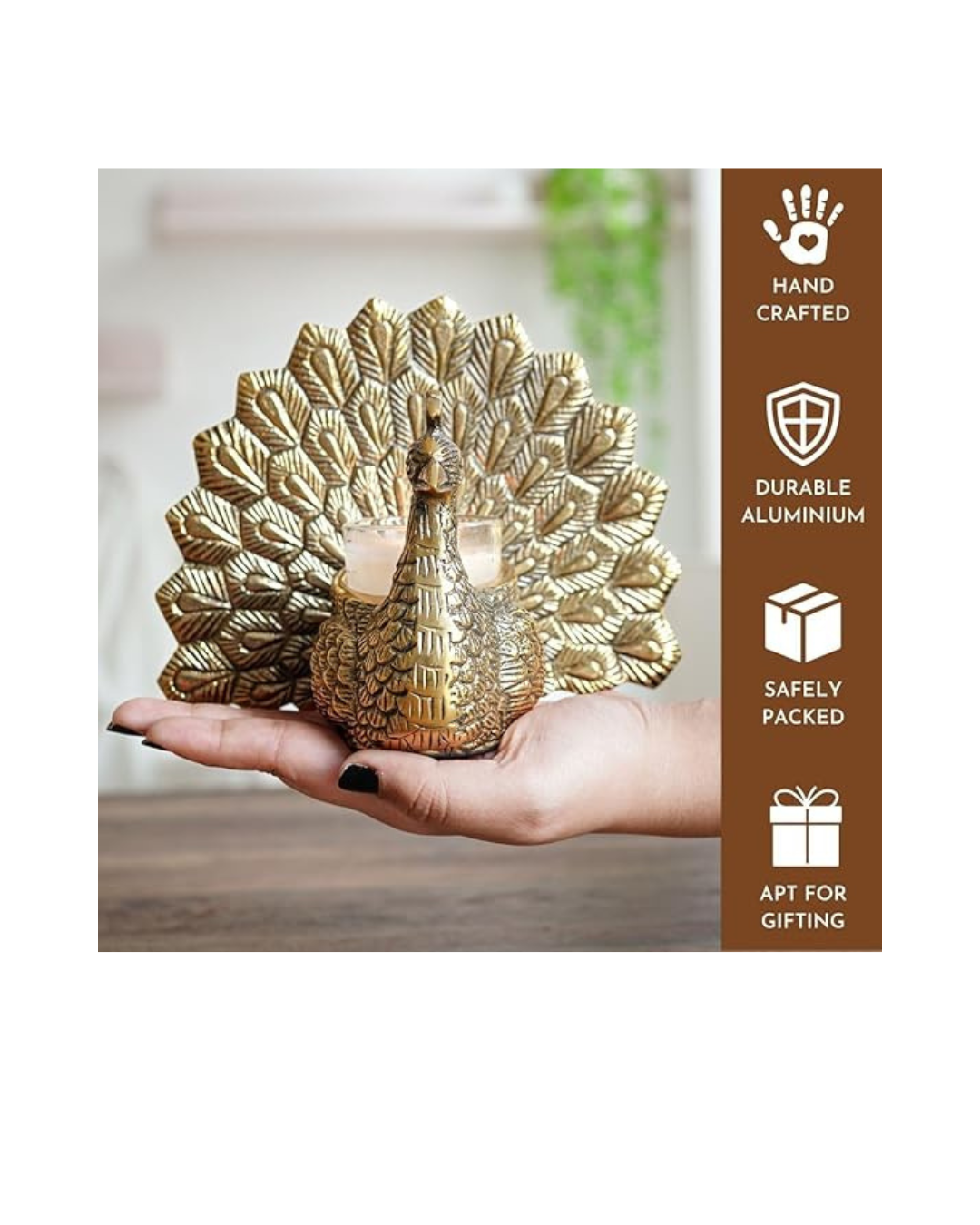 BEHOMA Metal Dancing Peacock Figurine Candle Holder with Scented Glass Votive Candle – a symbol of good luck, love, and elegance for your home décor. - Image 2